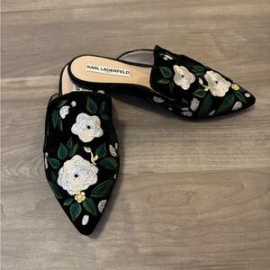 Moccasins Karl Lagerfeld black/white/green flower pattern, velvet material, US 7